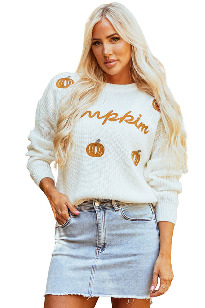 Weißer kürbis-garnstich-rippenstrickpullover