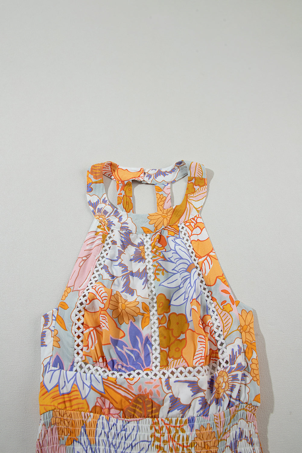 Orange boho floral rückenfreie spitze ärmelloses maxikleid