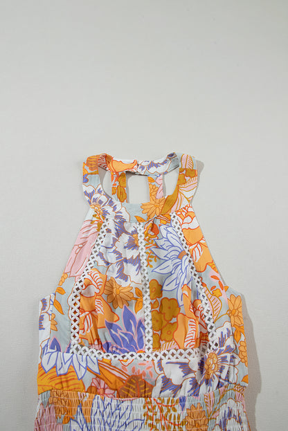 Orange boho floral rückenfreie spitze ärmelloses maxikleid