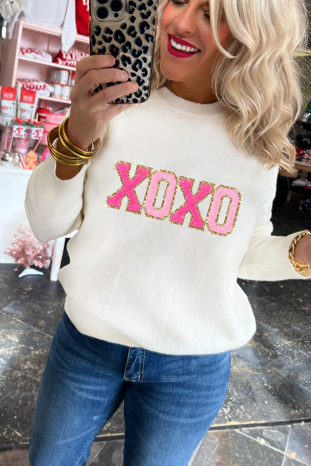 Weißer xoxo glitter print rundhalsausschnitt casual pullover
