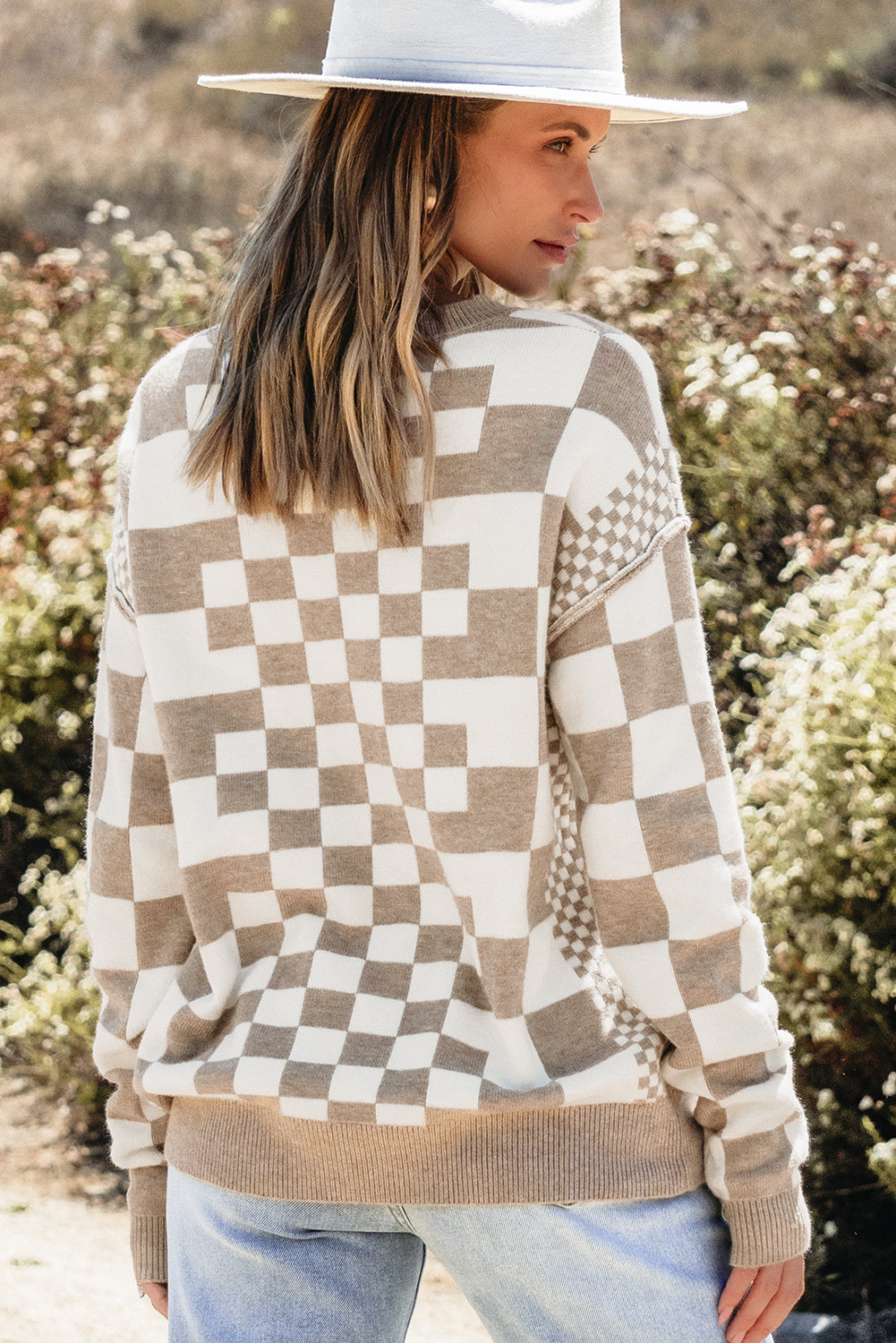 Khaki karo print drop shoulder rundhalsausschnitt pullover