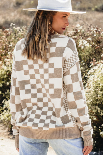 Khaki karo print drop shoulder rundhalsausschnitt pullover