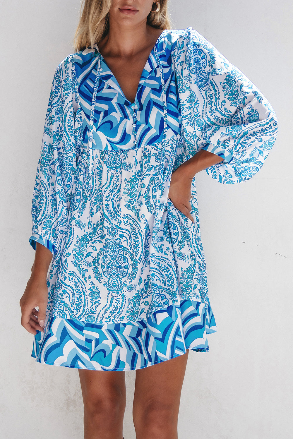 Himmelblau bohemian print puff sleeve tied v neck flared mini dress
