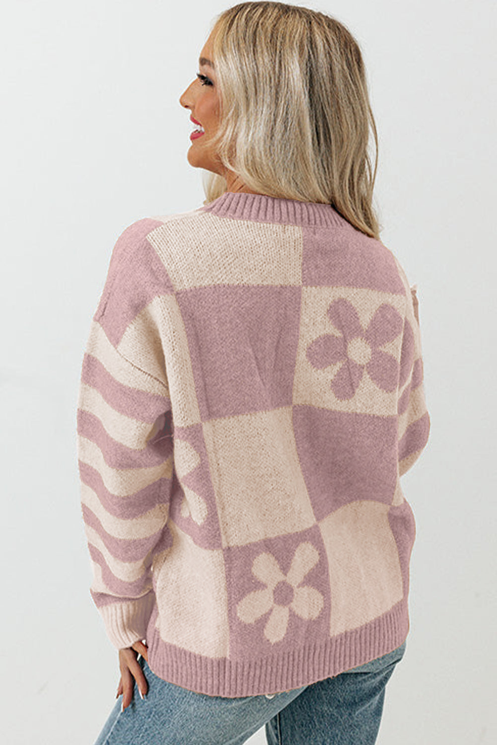 Orchid petal checkered floral print striped sleeve pullover