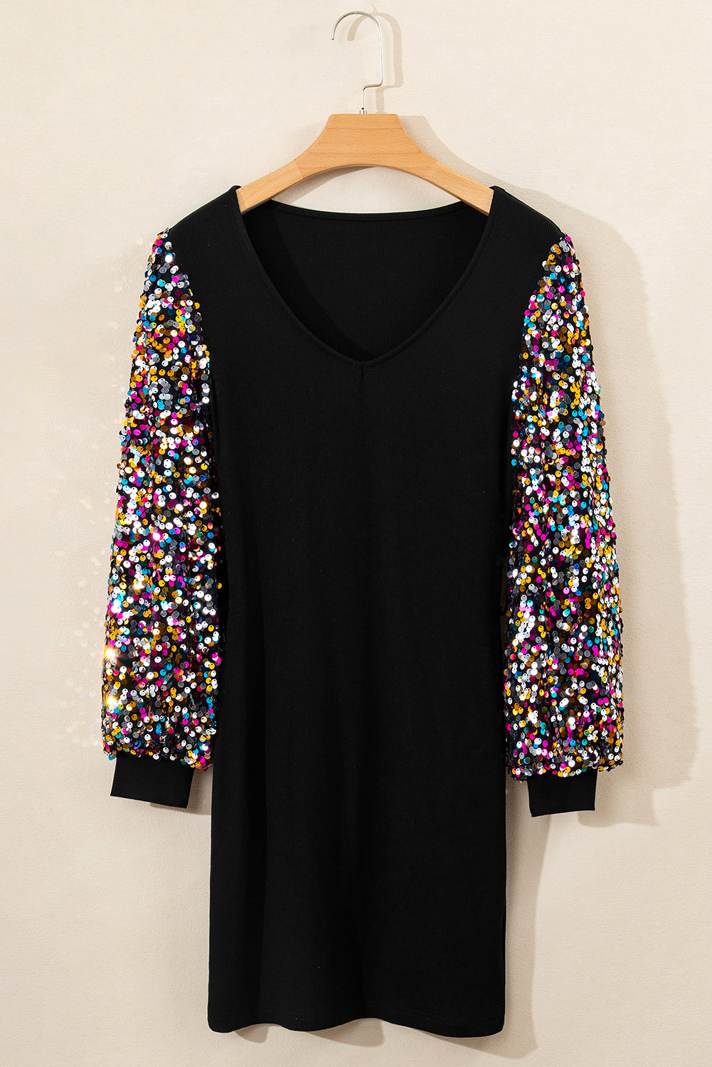 Schwarzes pailletten-läufer-ärmel u-ausschnitt mini-pullover-kleid