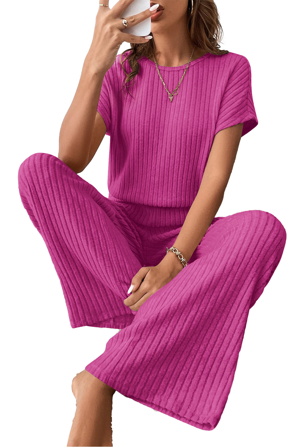Rose rot volltonfarbe gerippt kurzarm weites bein jumpsuit