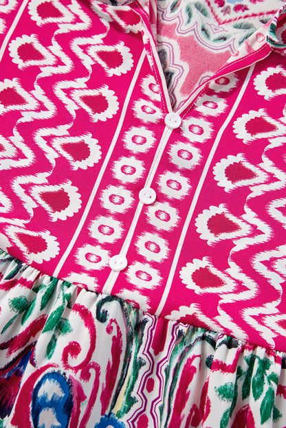 Rosa bohemian print krawattenausschnitt rüschensaum kurzes kleid