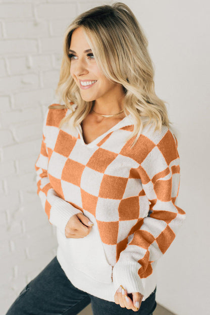 Gold flame checkered split neck kontrast kängurutasche kapuzenpullover