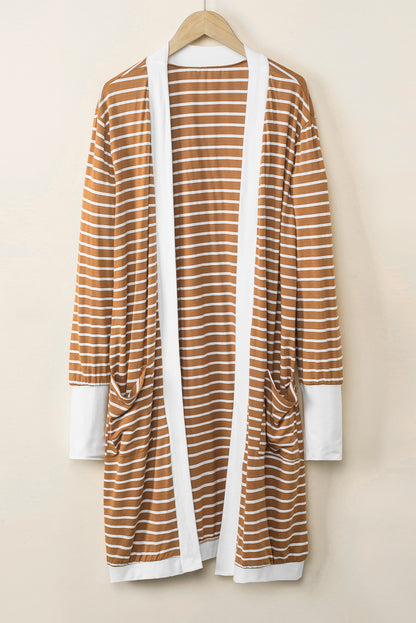 Brauner gestreifter cardigan mit offenen seitentaschen