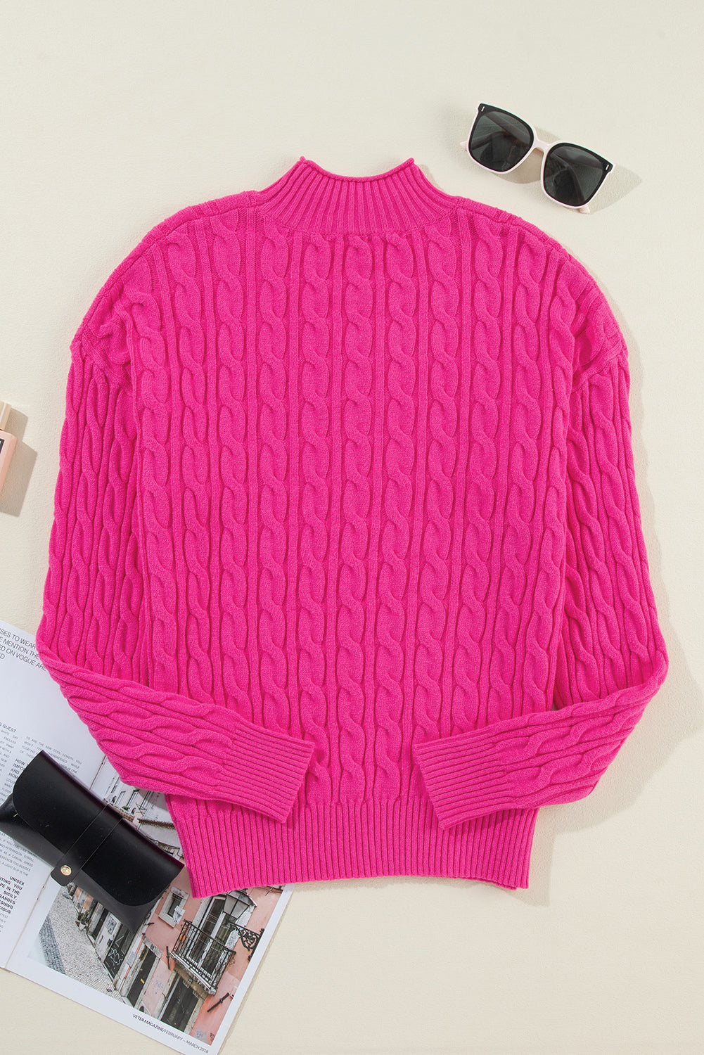 Rose red solid kabel stricken hohen hals drop shoulder pullover