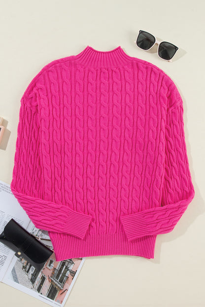 Rose red solid kabel stricken hohen hals drop shoulder pullover