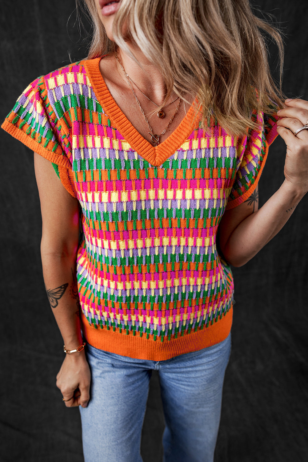 Orange multi flatterärmel strickpullover top