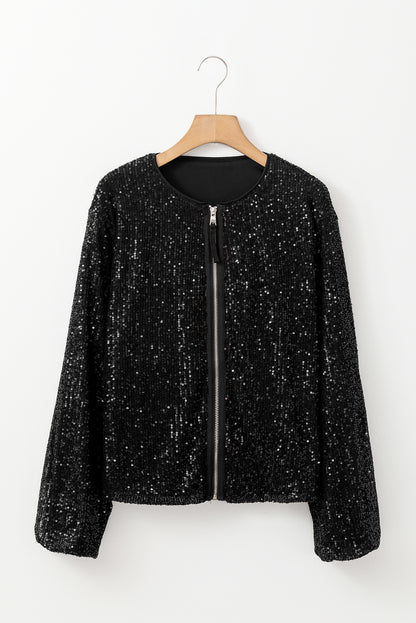 Schwarze paillettenjacke mit rundhalsausschnitt und langen ärmeln