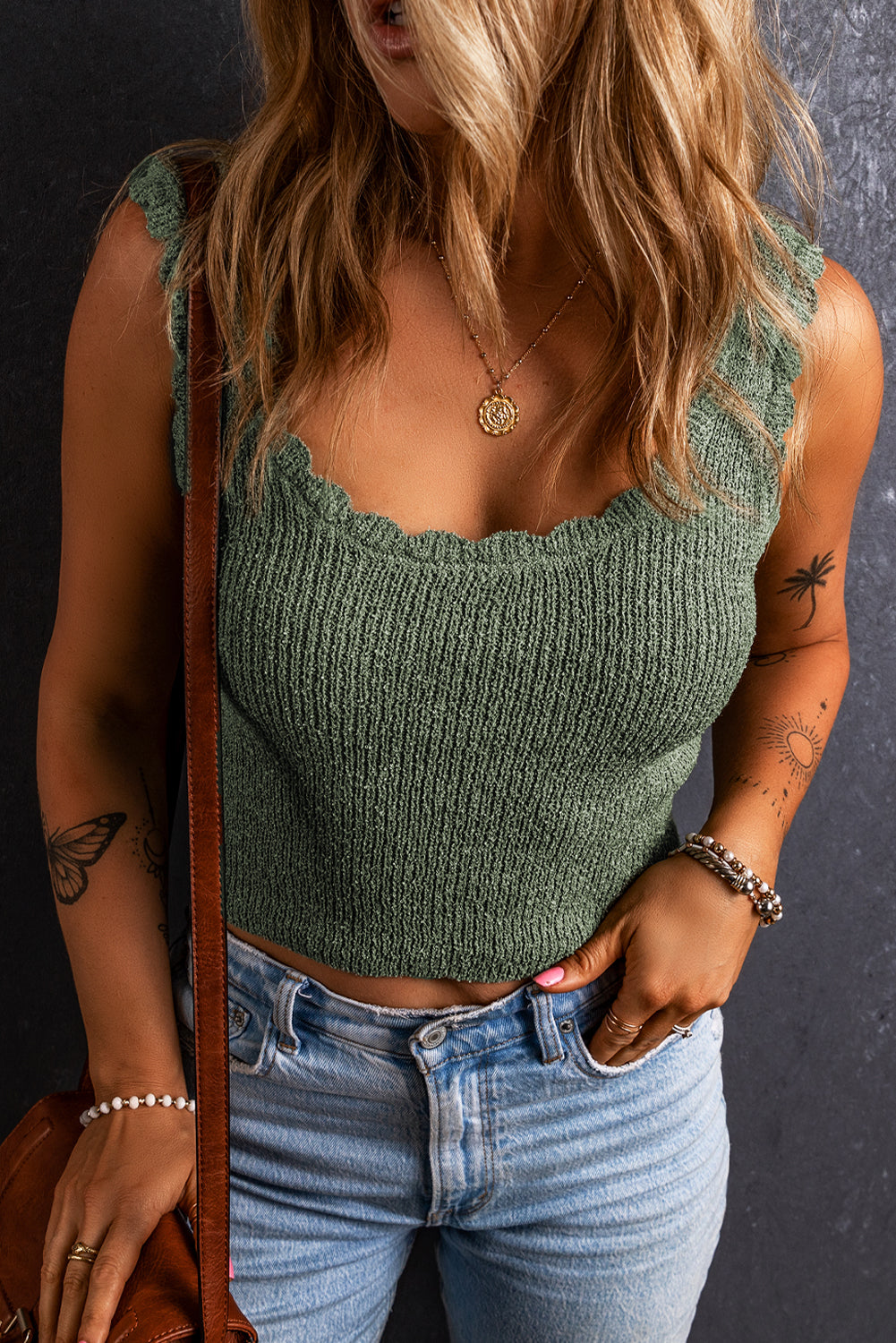 Mist green u neck scallop trim sweater vest