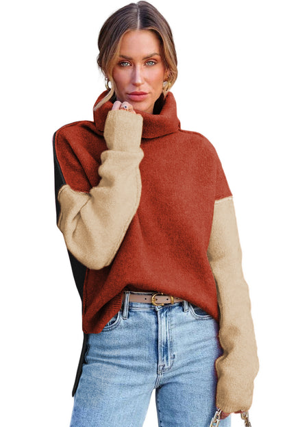 Clay roter farbblock-rollkragenpullover mit tropfenschulter-strickpullover