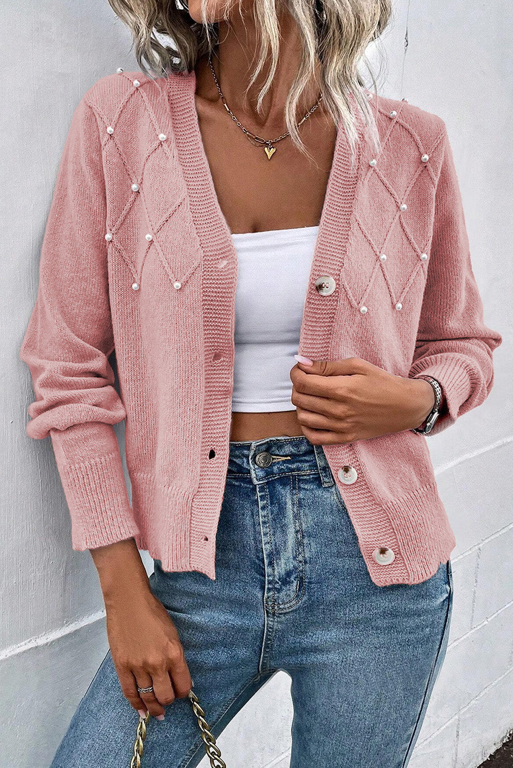 Sepia rose strukturierte strickjacke mit perlen und knopfleiste