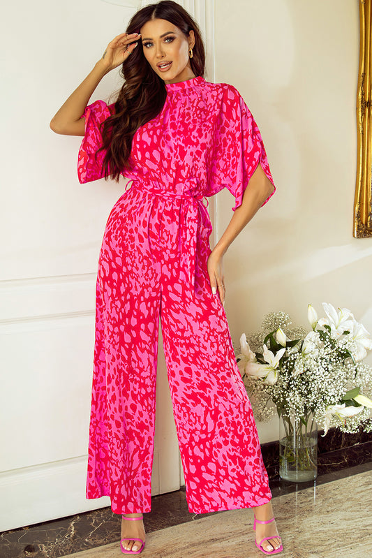 Rose leopard lose ärmel gürtel mit weitem bein jumpsuit