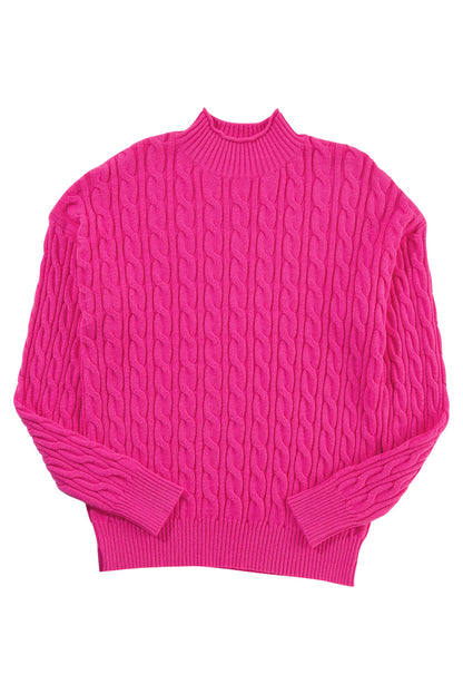 Rose red solid kabel stricken hohen hals drop shoulder pullover