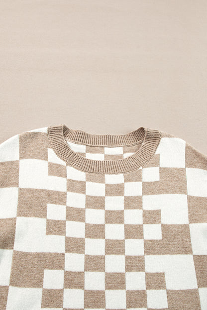 Khaki karo print drop shoulder rundhalsausschnitt pullover