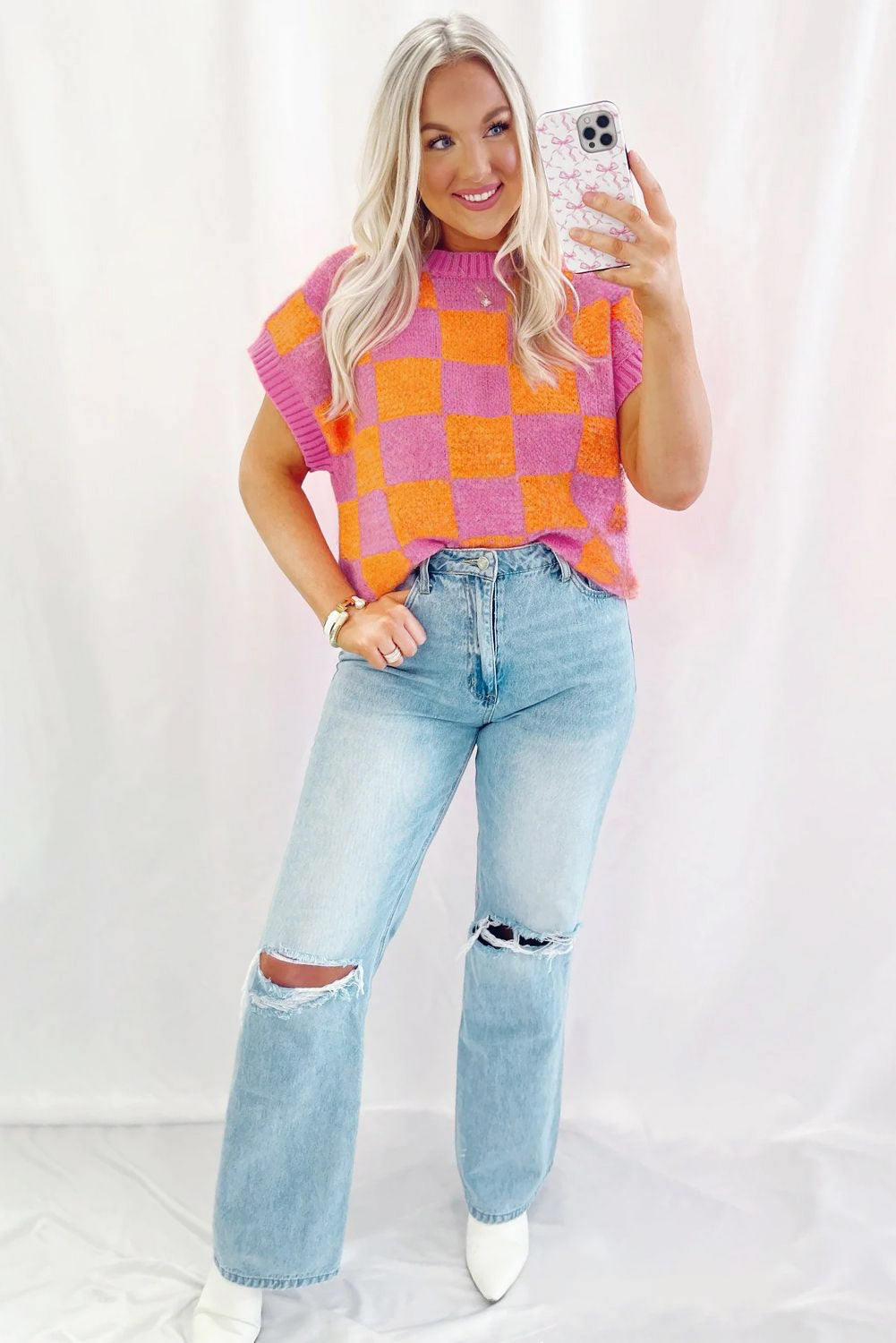 Strawberry pink colorblock plaid pattern ribbed trim sweater tank top