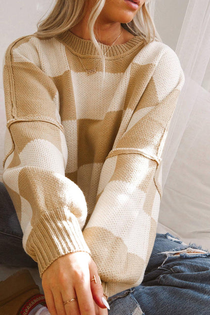 Khaki karierter pullover mit läuferärmeln