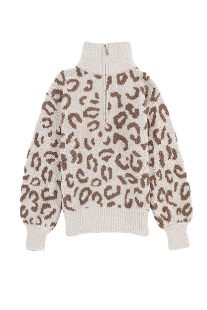 Grauer pullover mit tiermuster und reißverschluss mit kragen