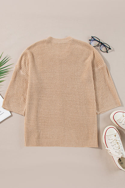 Helles french beige gestreifter pullover mit 3/4 ärmeln und rundhalsausschnitt