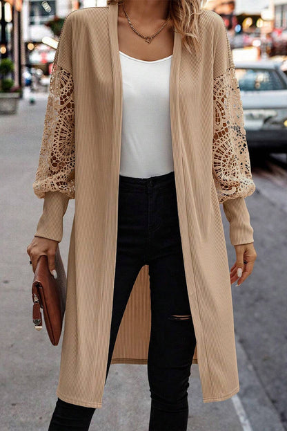 Pergamentspitze patchwork rippenstrick strickjacke mit offener vorderseite