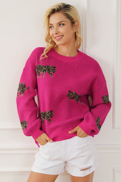 Rose rot fierce animal pattern casual pullover gestrickt
