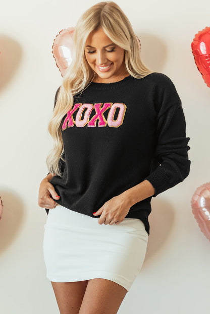 Schwarzer xoxo glitter print rundhalsausschnitt casual pullover