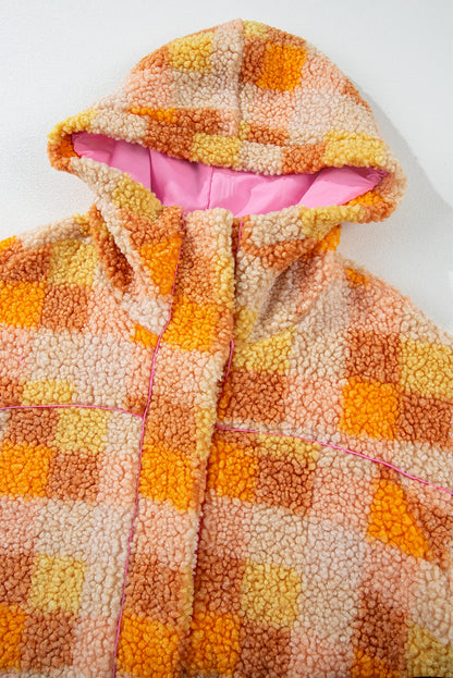 Orange karierte sherpa-kapuzenjacke