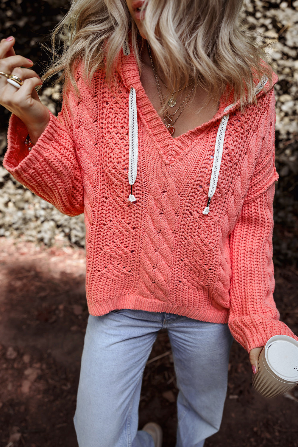 Gold flame cable knit v neck kontrast pullover mit kapuze und kordelzug