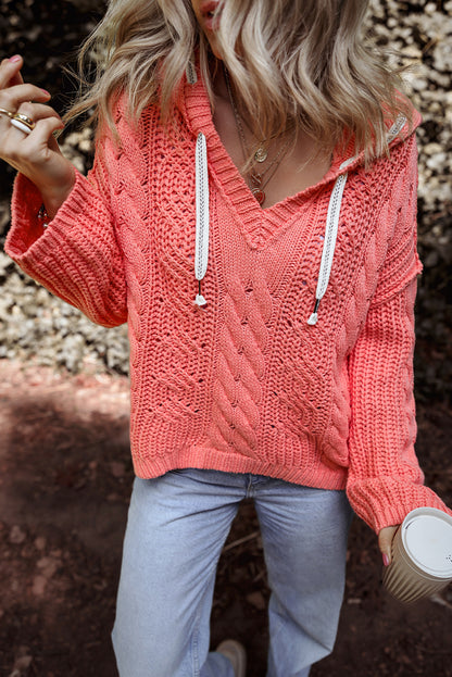 Gold flame cable knit v neck kontrast pullover mit kapuze und kordelzug