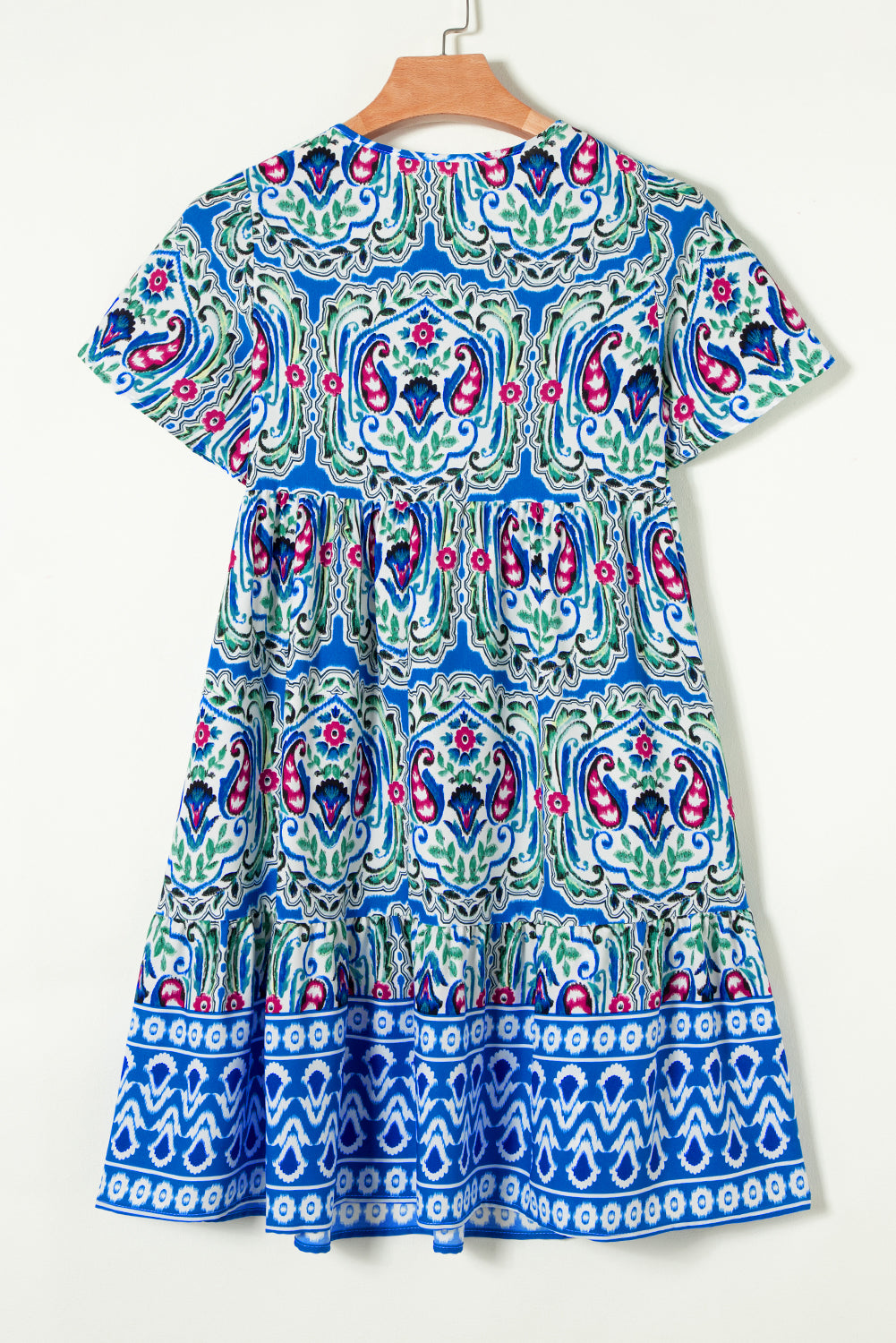 Himmelblau bohemian print krawattenausschnitt rüschensaum kurzes kleid