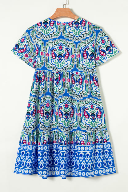 Himmelblau bohemian print krawattenausschnitt rüschensaum kurzes kleid