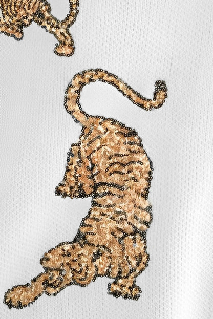 Weißer ausgefranster pailletten-tiger-pullover