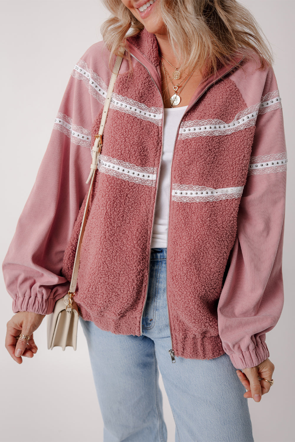 Rosa sherpa patchwork spitze elastische manschette zip up jacke