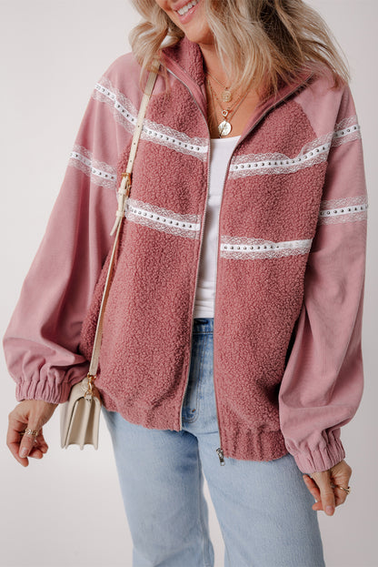 Rosa sherpa patchwork spitze elastische manschette zip up jacke