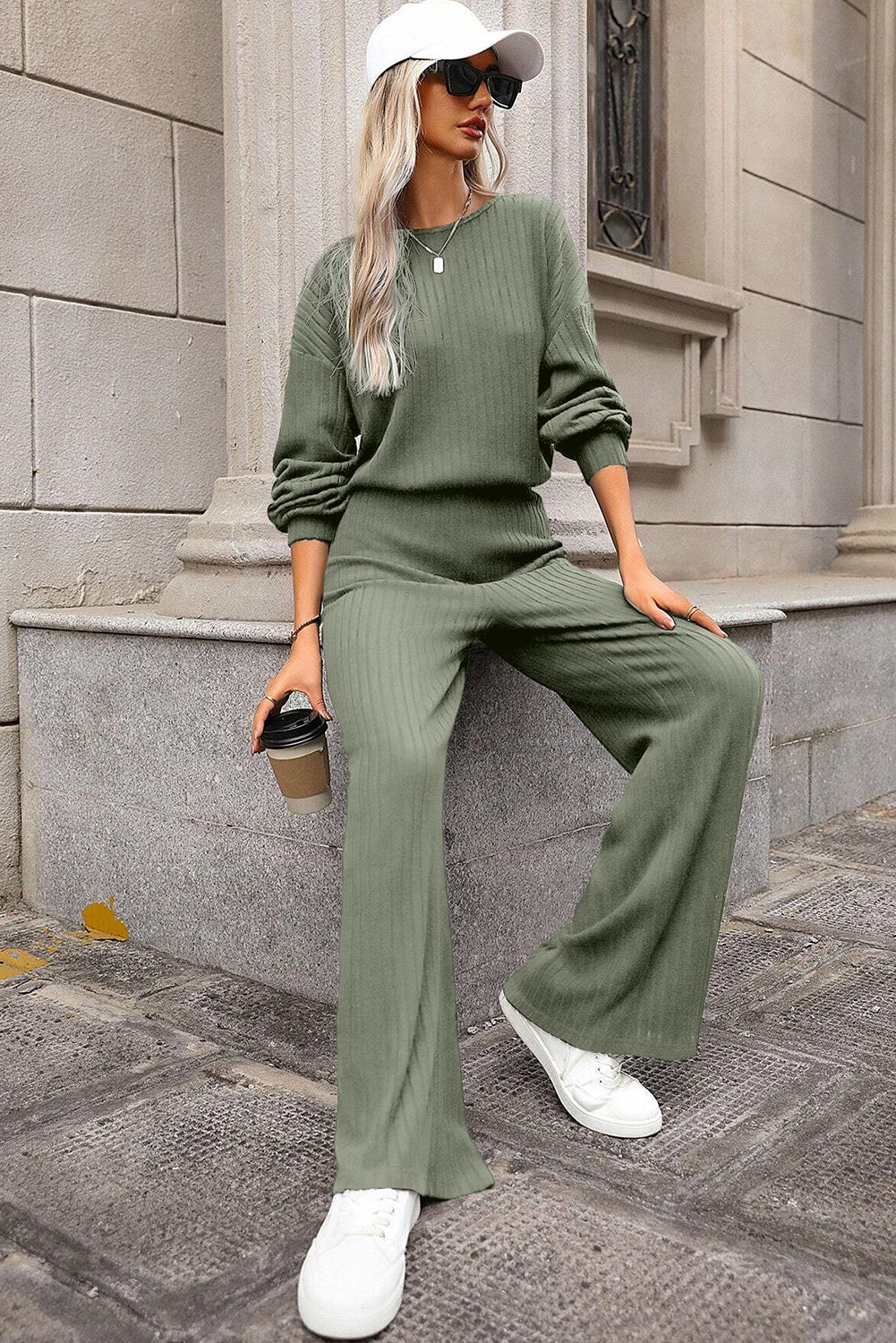 Lorbeergrüner vollrippstrick schlüsselloch zurück hohe taille jumpsuit