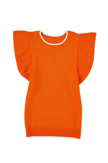Russet orange kontrast trim rüschen ärmel gestrickt top
