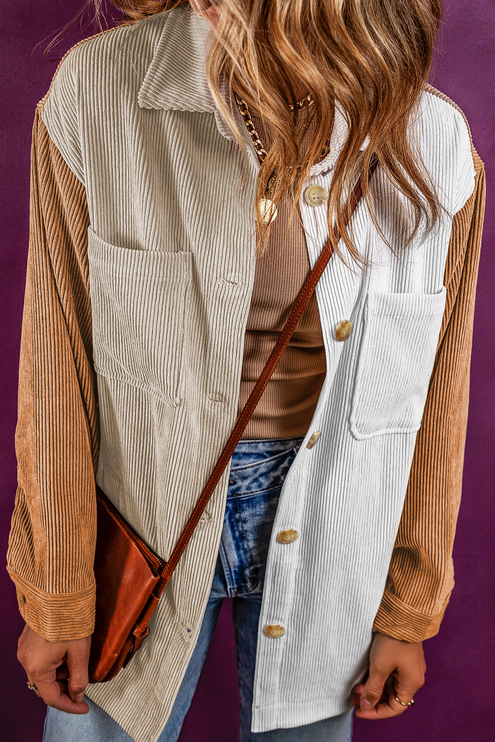 Mehrfarbige cord-colorblock-jacke (lose)