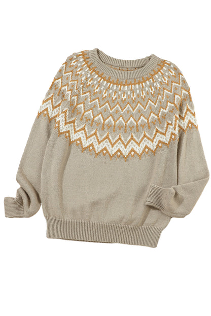 Grauer pullover mit geometrischem muster und geripptem rundhalsausschnitt