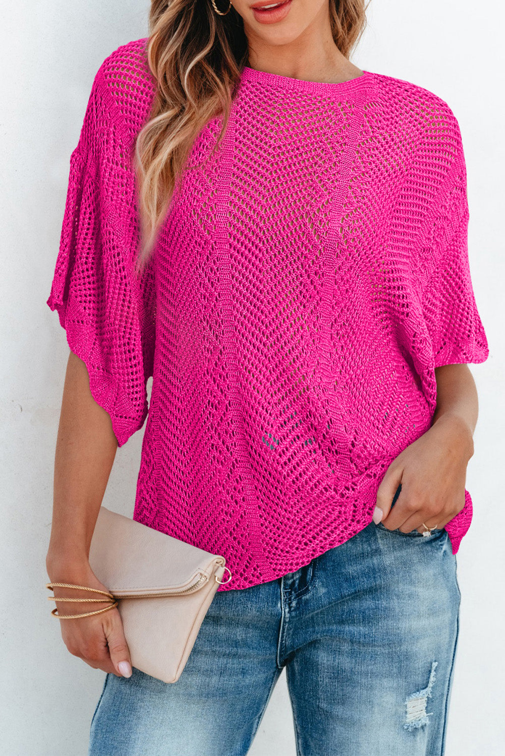 Rose red pointelle knit jakobsmuschel rand kurzarm top