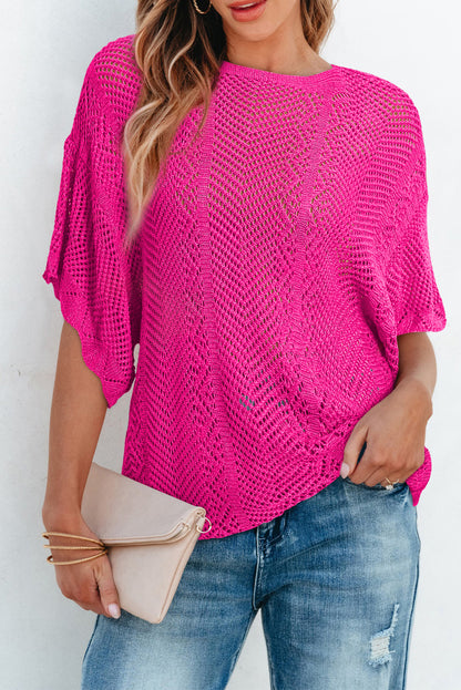 Rose red pointelle knit jakobsmuschel rand kurzarm top