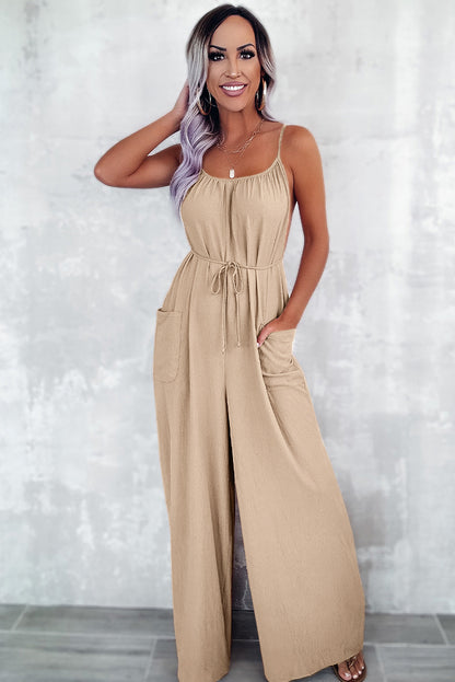 Apricot spaghettiträger taille krawatte weites bein jumpsuit mit taschen