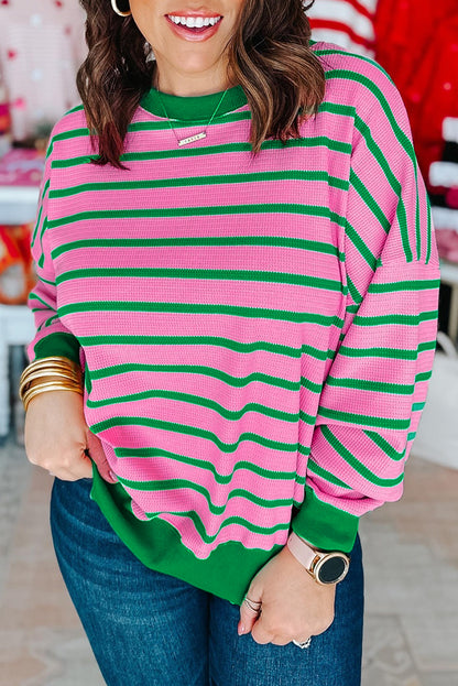 Rosa streifen waffel stricken rundhalsausschnitt plus größe pullover
