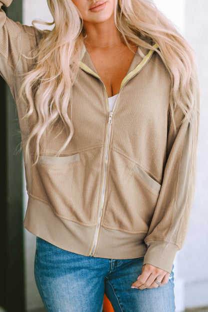 Khaki thermal waffle knit full zipper hooded jacket
