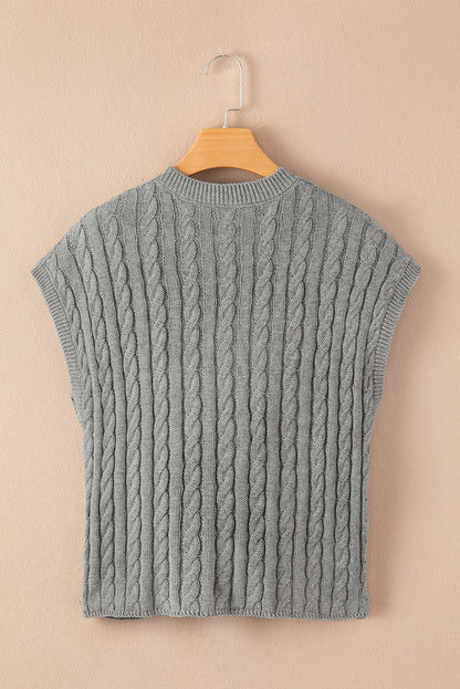Grauer kurzarmpullover mit rundhalsausschnitt und kabelstrick