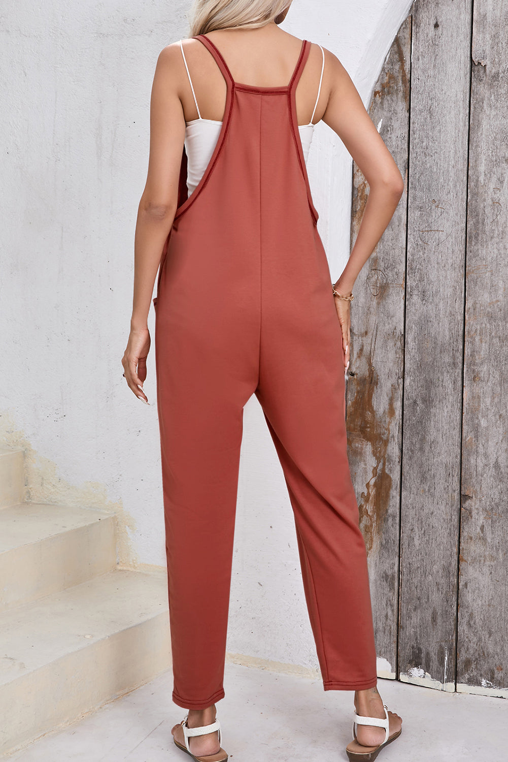 Gold flamme seitentaschen haremshose ärmelloser v-ausschnitt jumpsuit