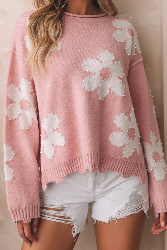 Mehrfarbiger, perlenbesetzter, floraler drop-shoulder-pullover